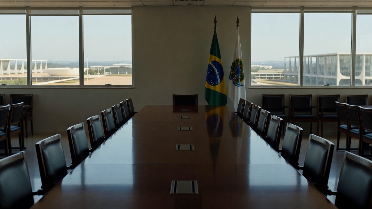 Sala de reuniões vazia em prédio público de Brasília representando encontro político sem acordo