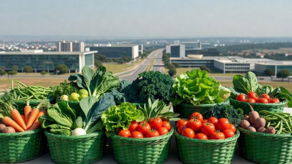 Cestas verdes com vegetais frescos para beneficiários do Cartão Prato Cheio no DF