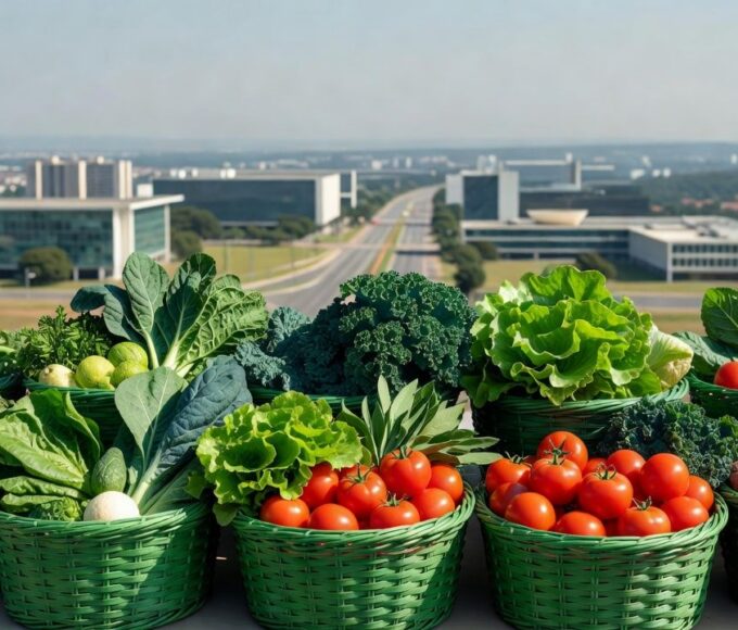 Cestas verdes com vegetais frescos para beneficiários do Cartão Prato Cheio no DF