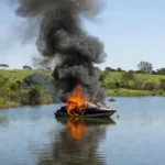 Incêndio em lancha no Lago Sul em Brasília