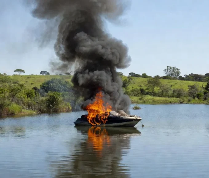 Incêndio em lancha no Lago Sul em Brasília