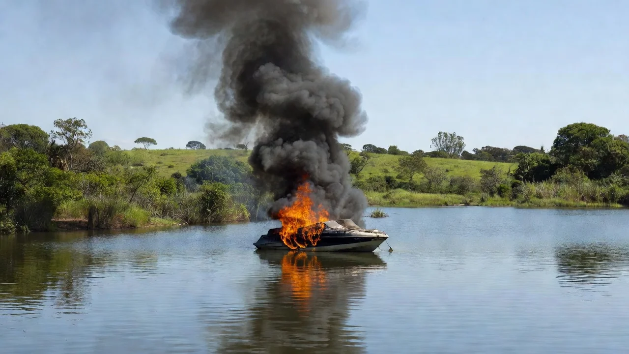 Incêndio em lancha no Lago Sul em Brasília