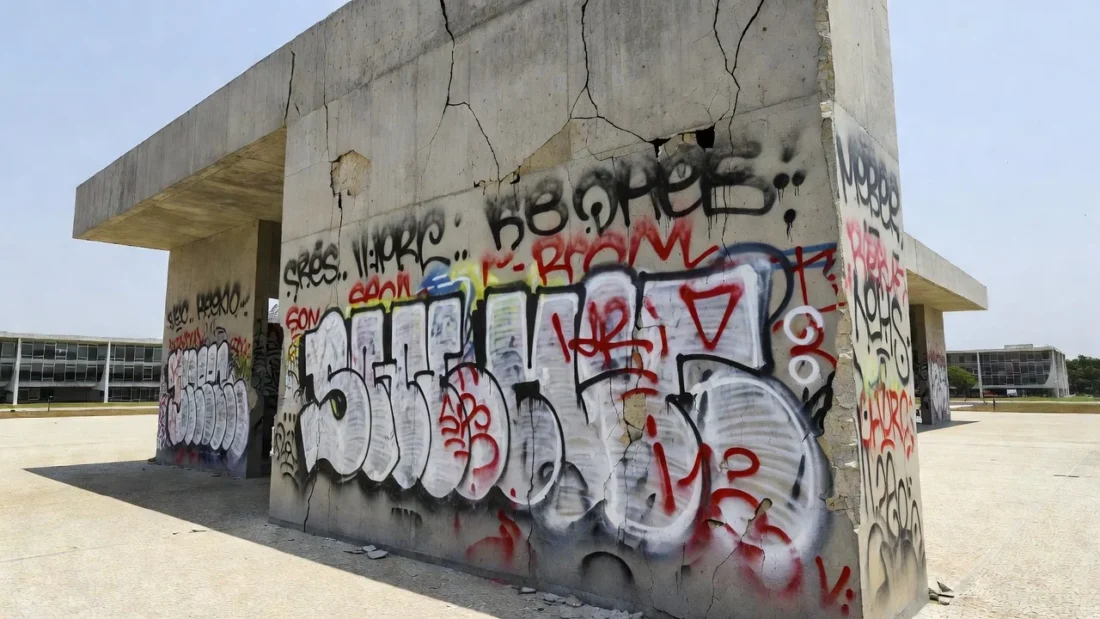 Monumento público em Brasília com pichações e danos por vandalismo