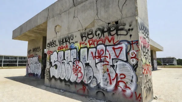 Monumento público em Brasília com pichações e danos por vandalismo