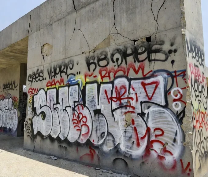 Monumento público em Brasília com pichações e danos por vandalismo