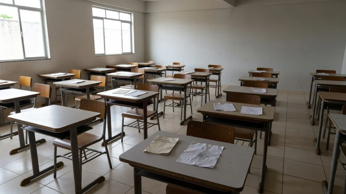 Sala de aula vazia em escola brasileira com projeto de cidadania de baixo alcance