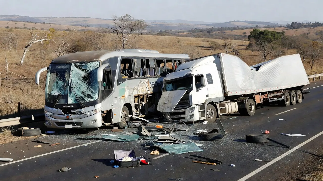 Acidente entre ônibus Real Expresso e caminhão na GO-010 em Goiás