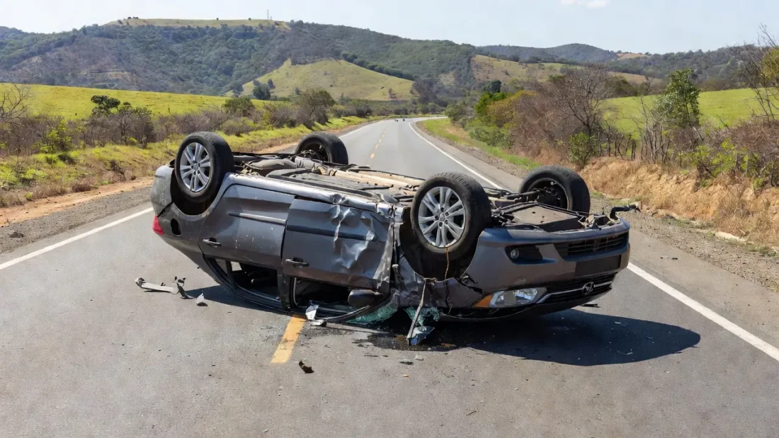Carro capotado na BR-040 em Santa Maria com ferragens na estrada