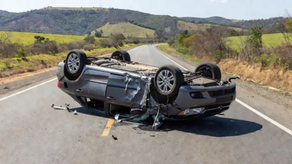 Carro capotado na BR-040 em Santa Maria com ferragens na estrada