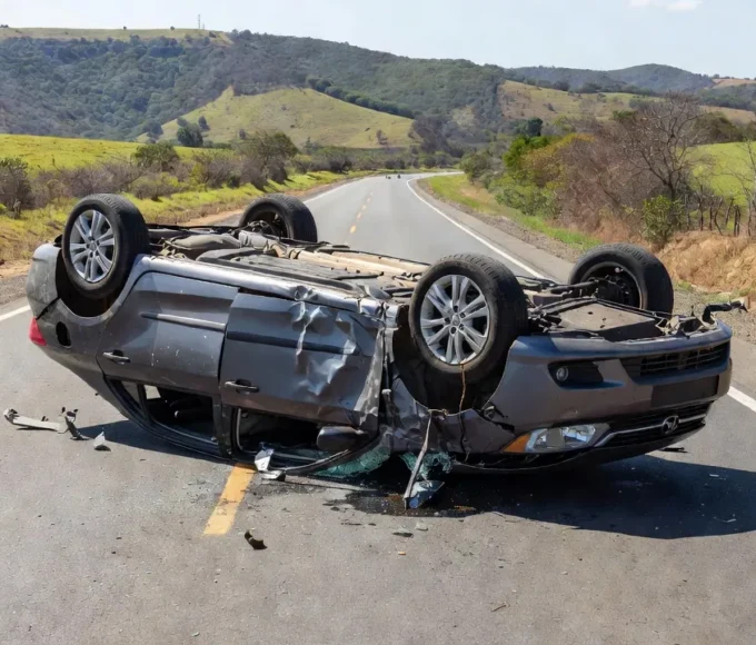 Carro capotado na BR-040 em Santa Maria com ferragens na estrada