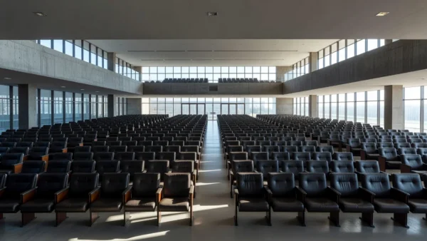 Plenário da CLDF vazio com documentos espalhados simbolizando ineficiência burocrática
