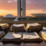 Congresso Nacional em Brasília com pilhas de documentos representando burocracia em emendas parlamentares