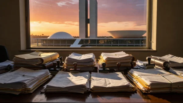 Congresso Nacional em Brasília com pilhas de documentos representando burocracia em emendas parlamentares