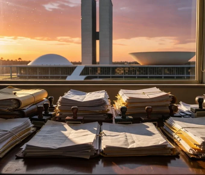 Congresso Nacional em Brasília com pilhas de documentos representando burocracia em emendas parlamentares