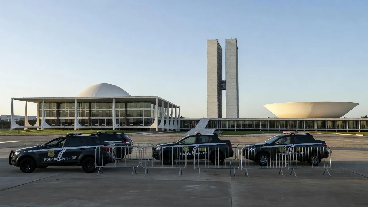 Viaturas da SSP-DF reforçando segurança na Praça dos Três Poderes em Brasília
