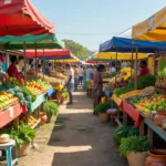 Feira de Sobradinho com barracas e produtos locais no Distrito Federal