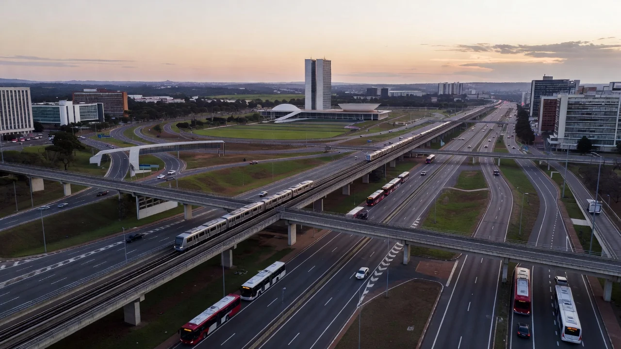 Vista panorâmica de Brasília com foco em mobilidade urbana e transporte público