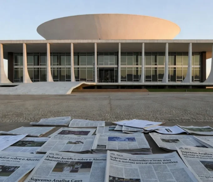 Fachada do STF em Brasília com documentos sobre decisão judicial e aborto