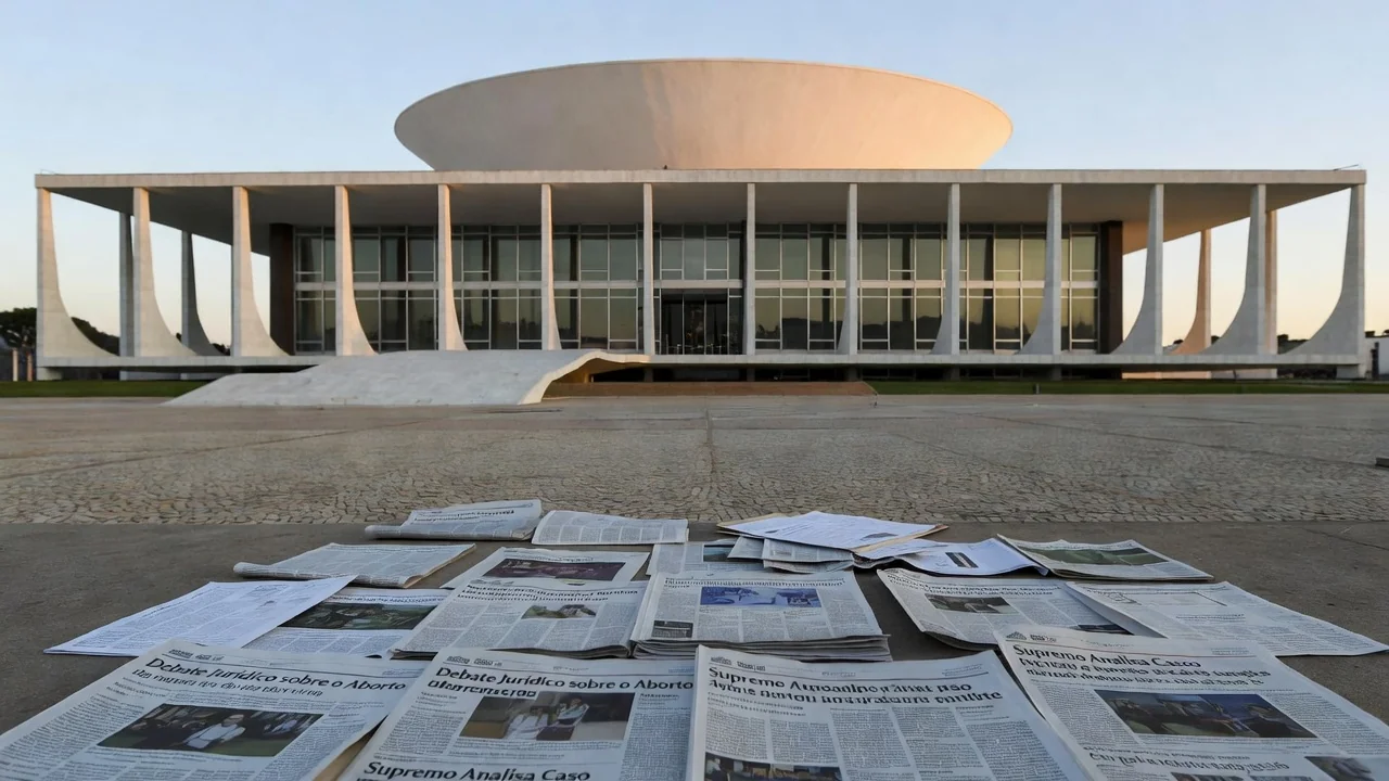 Fachada do STF em Brasília com documentos sobre decisão judicial e aborto